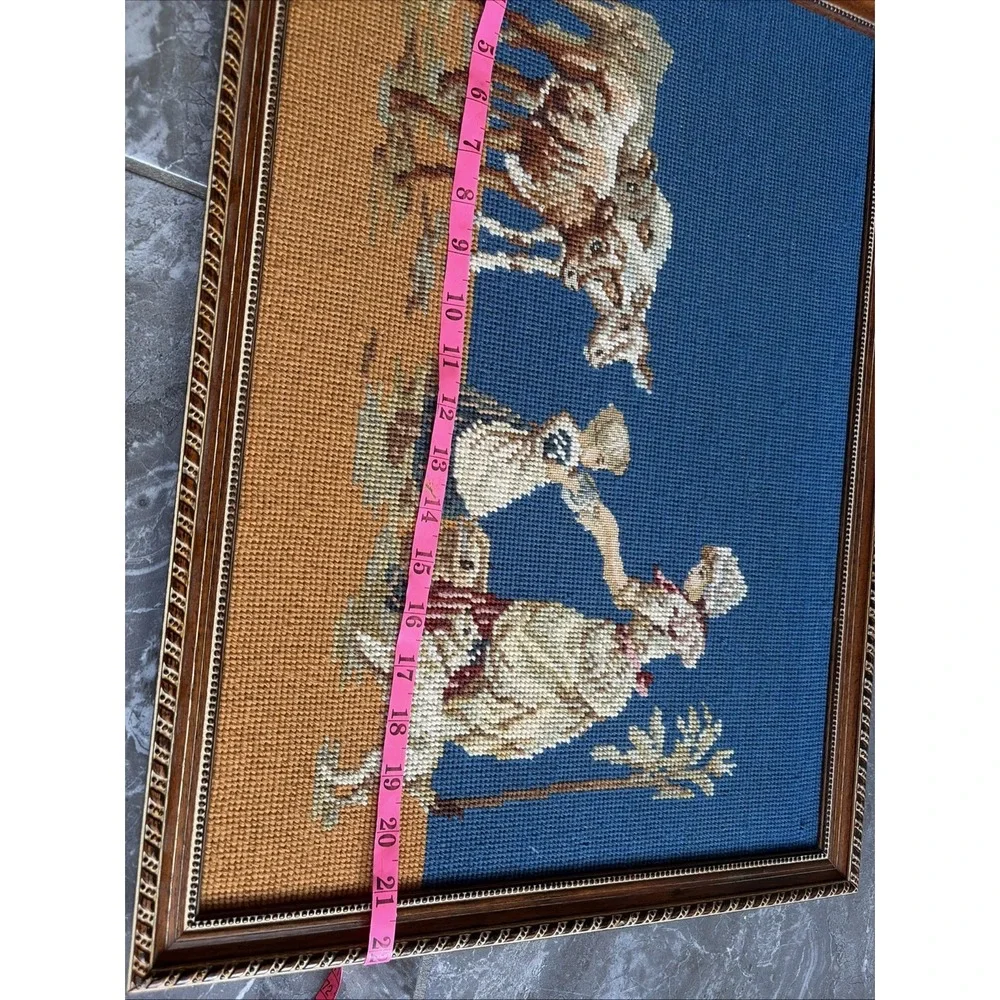 Vintage Framed‎ Hand Stitched Needlepoint Tapestry Art Rural Farm Scene Large